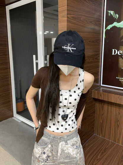 Scoop Neck Polka Dot Tank Top / Short Sleeve Plain Tie Front Cardigan