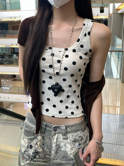 Scoop Neck Polka Dot Tank Top / Short Sleeve Plain Tie Front Cardigan