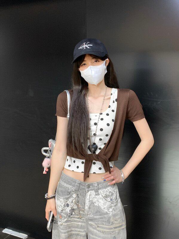 Scoop Neck Polka Dot Tank Top / Short Sleeve Plain Tie Front Cardigan