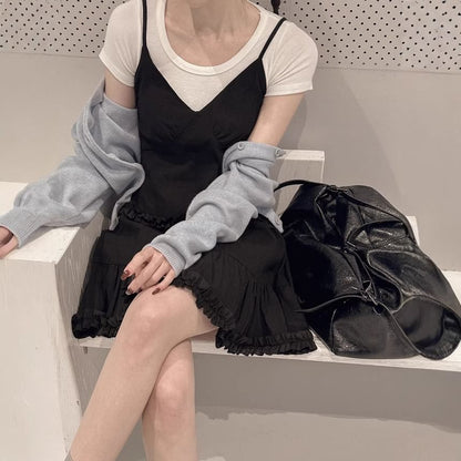 Spaghetti Strap V-Neck Ruffled MIni A-Line Dress