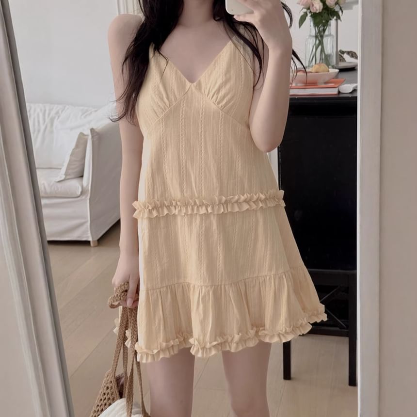 Spaghetti Strap V-Neck Ruffled MIni A-Line Dress