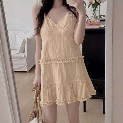 Spaghetti Strap V-Neck Ruffled MIni A-Line Dress