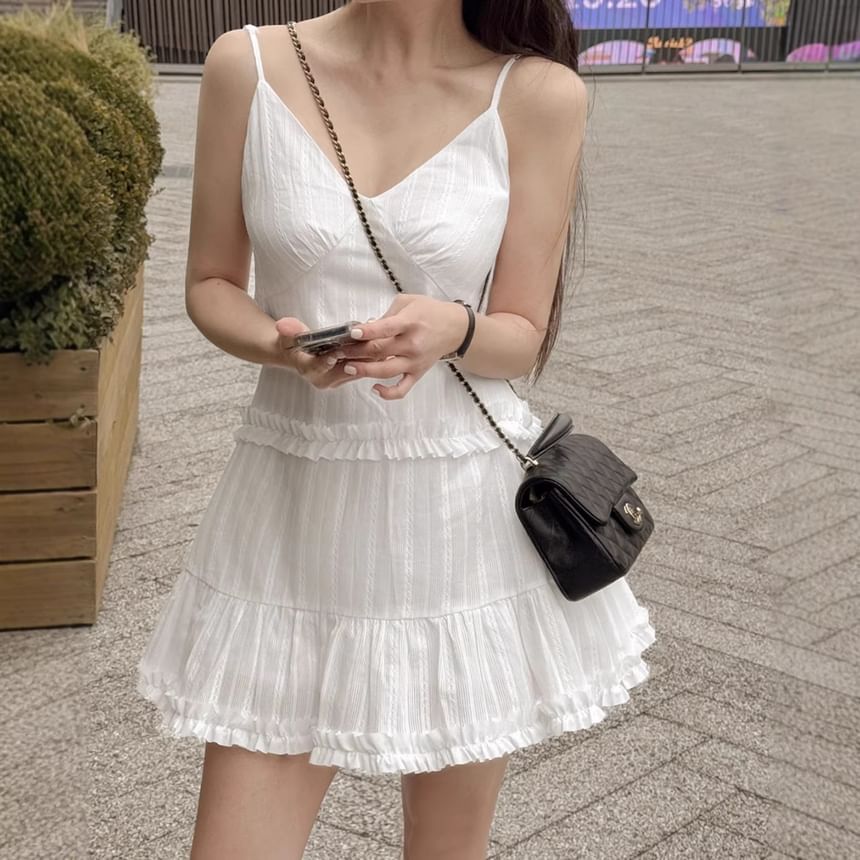 Spaghetti Strap V-Neck Ruffled MIni A-Line Dress