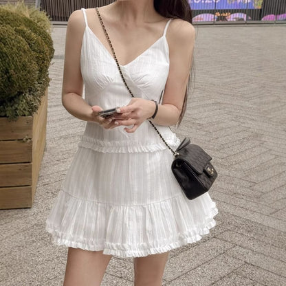 Spaghetti Strap V-Neck Ruffled MIni A-Line Dress