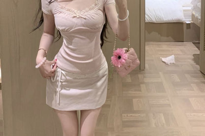Short Sleeve Square Neck Solid Lace Ruffle Blouse and High Waist Satin Pencil Skirt