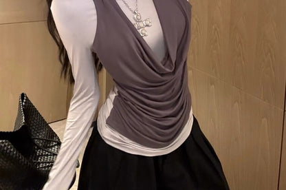 Mock Two-Piece Cold Shoulder Long Sleeve Two-Tone Shirred Top