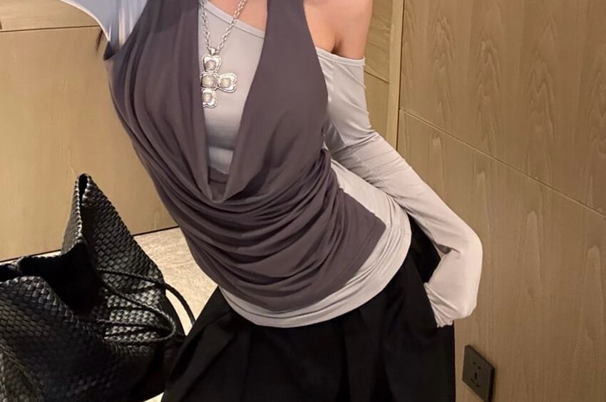 Mock Two-Piece Cold Shoulder Long Sleeve Two-Tone Shirred Top