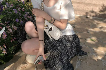 Short Sleeve Crew Neck Solid Tee and High Waist Plaid Asymmetrical Mini Skirt