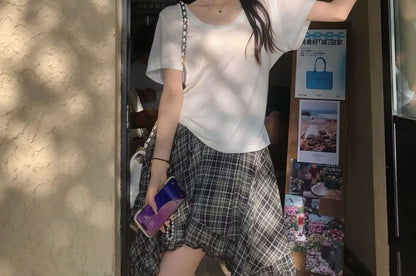 Short Sleeve Crew Neck Solid Tee and High Waist Plaid Asymmetrical Mini Skirt