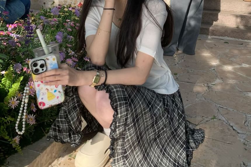 Short Sleeve Crew Neck Solid Tee and High Waist Plaid Asymmetrical Mini Skirt
