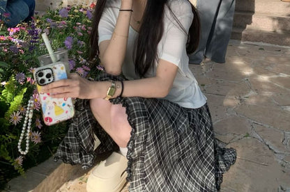 Short Sleeve Crew Neck Solid Tee and High Waist Plaid Asymmetrical Mini Skirt