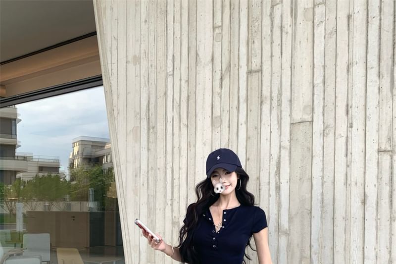Short Sleeve Solid Crop Henley T-Shirt