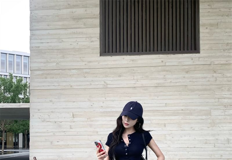 Short Sleeve Solid Crop Henley T-Shirt