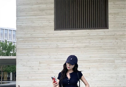 Short Sleeve Solid Crop Henley T-Shirt