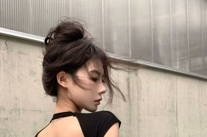 Round Neck Cutout Back Tee with Cap Sleeves