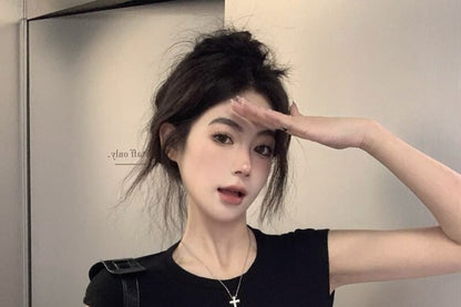 Round Neck Cutout Back Tee with Cap Sleeves