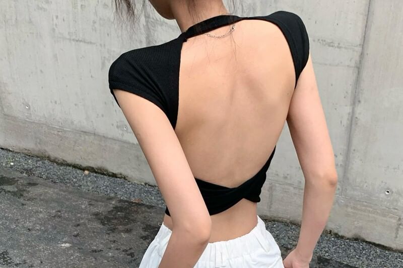Round Neck Cutout Back Tee with Cap Sleeves