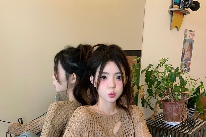 Cutout Knit Crop Top with Boat Neck and Long Sleeves