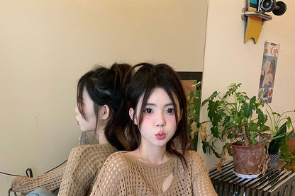 Cutout Knit Crop Top with Boat Neck and Long Sleeves