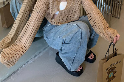 Cutout Knit Crop Top with Boat Neck and Long Sleeves