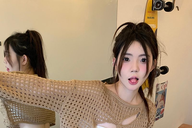 Cutout Knit Crop Top with Boat Neck and Long Sleeves