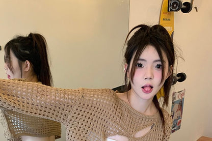 Cutout Knit Crop Top with Boat Neck and Long Sleeves