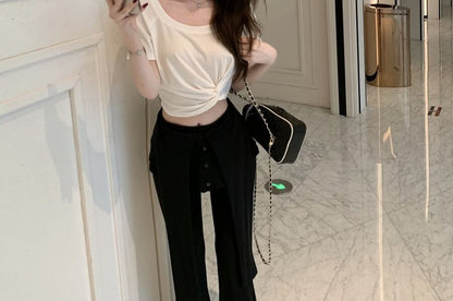 Ruched Crop Top and Flared Pants Two-Piece