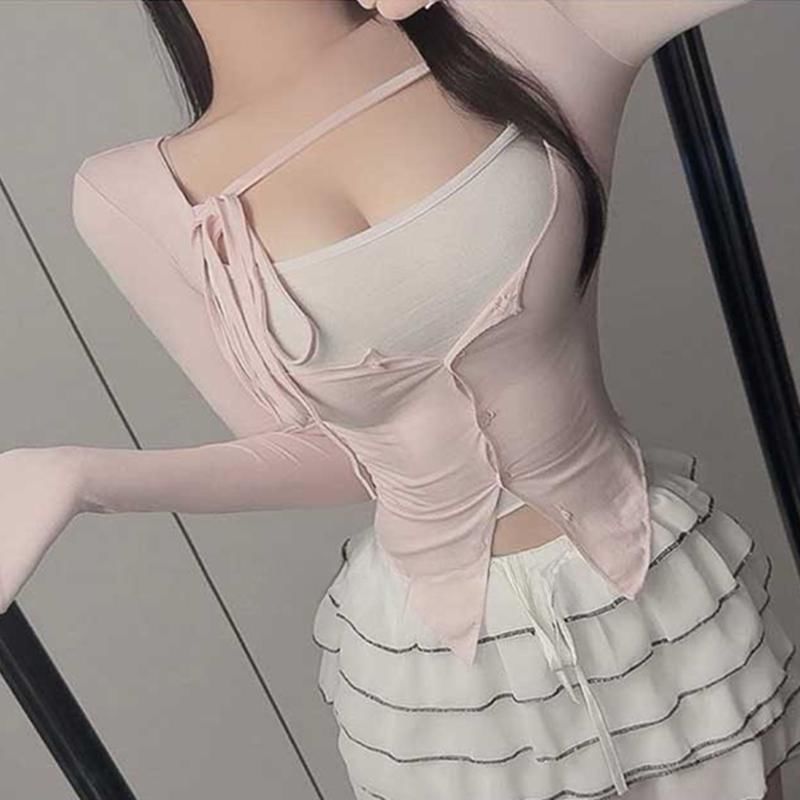 Set: Plain Slim Fit Crop Camisole Top + Tie Front Button-Up Cardigan