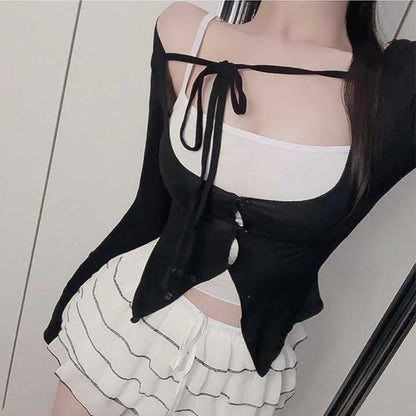 Set: Plain Slim Fit Crop Camisole Top + Tie Front Button-Up Cardigan