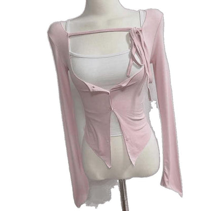 Set: Plain Slim Fit Crop Camisole Top + Tie Front Button-Up Cardigan