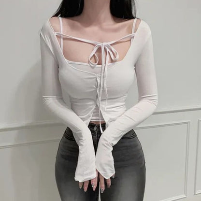 Set: Plain Slim Fit Crop Camisole Top + Tie Front Button-Up Cardigan