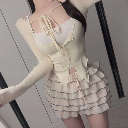 Set: Plain Slim Fit Crop Camisole Top + Tie Front Button-Up Cardigan