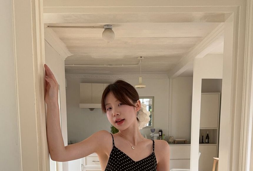 Spaghetti Strap Dotted Asymmetrical Ruffled Mini A-Line Dress
