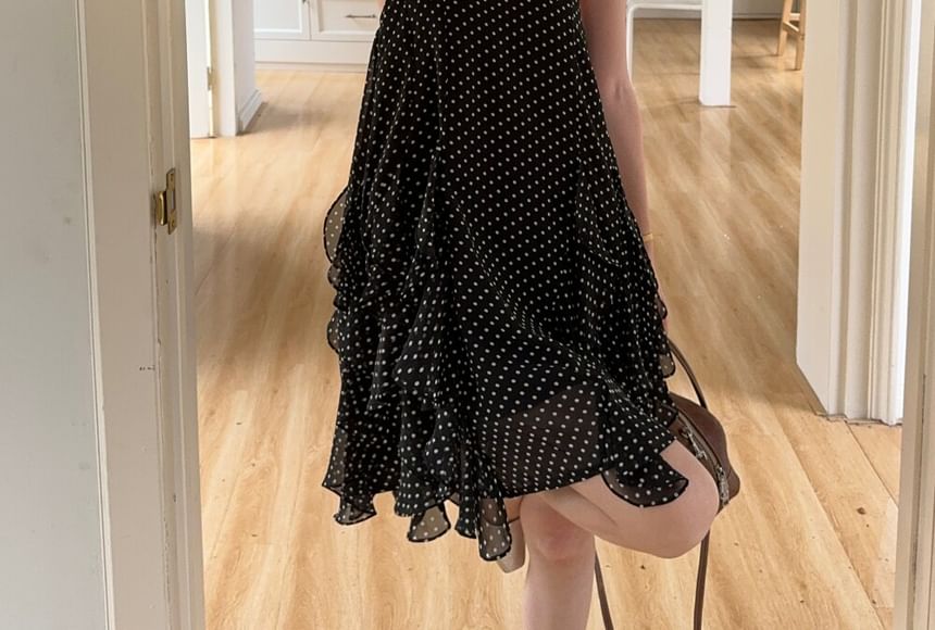 Spaghetti Strap Dotted Asymmetrical Ruffled Mini A-Line Dress
