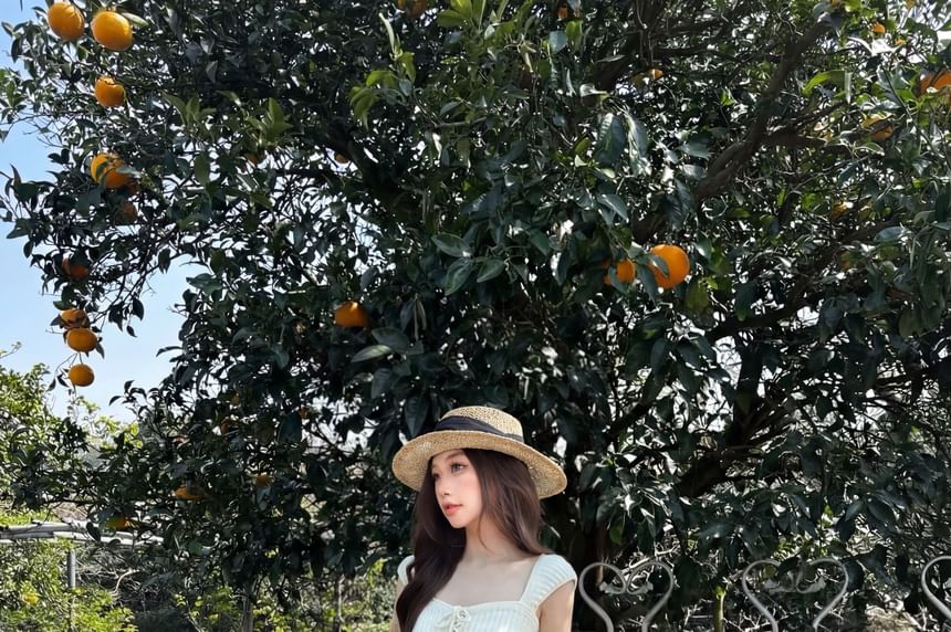 Ribbed Square-Neck Lace-Up Crop Knit with Cap Sleeves
