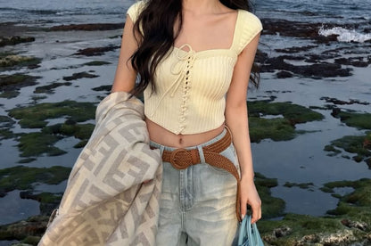 Ribbed Square-Neck Lace-Up Crop Knit with Cap Sleeves