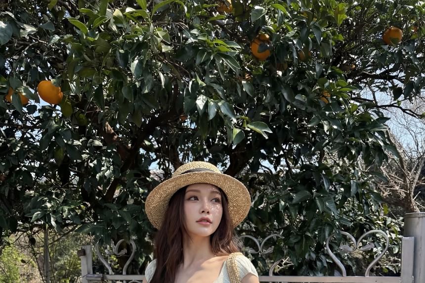 Ribbed Square-Neck Lace-Up Crop Knit with Cap Sleeves