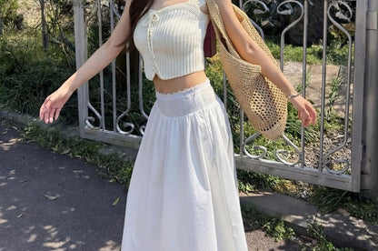 Ribbed Square-Neck Lace-Up Crop Knit with Cap Sleeves