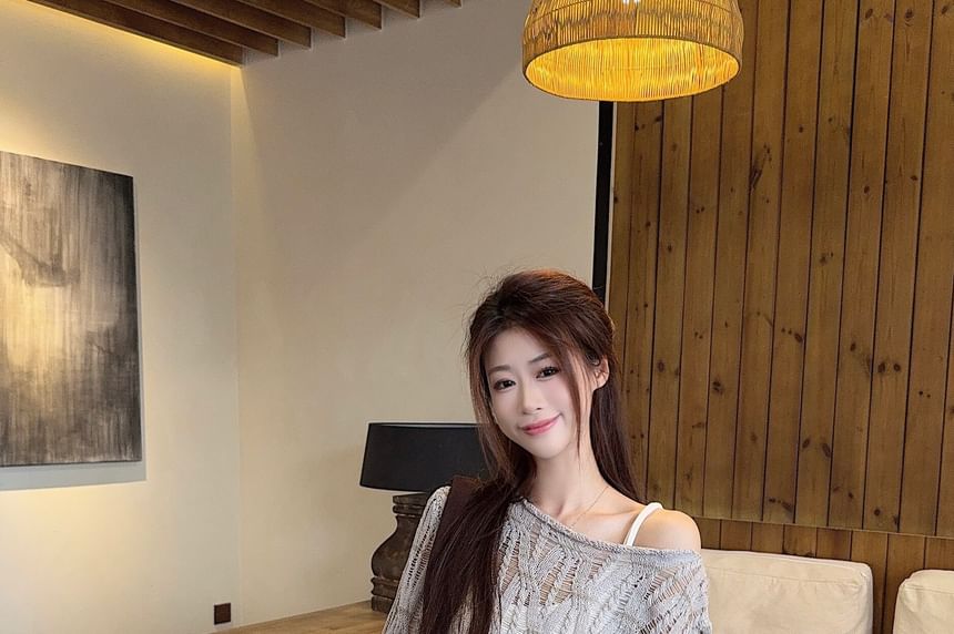 Pointelle Knit Boat Neck Top with Midi Skirt and Belt