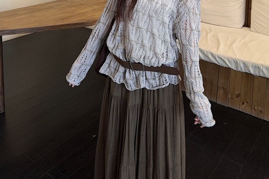 Pointelle Knit Boat Neck Top with Midi Skirt and Belt