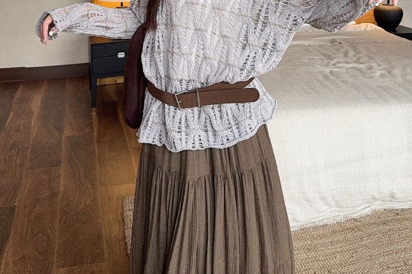 Pointelle Knit Boat Neck Top with Midi Skirt and Belt