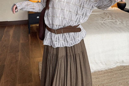 Pointelle Knit Boat Neck Top with Midi Skirt and Belt