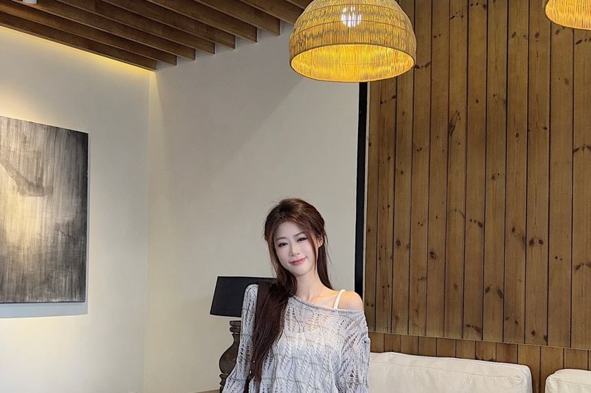 Pointelle Knit Boat Neck Top with Midi Skirt and Belt