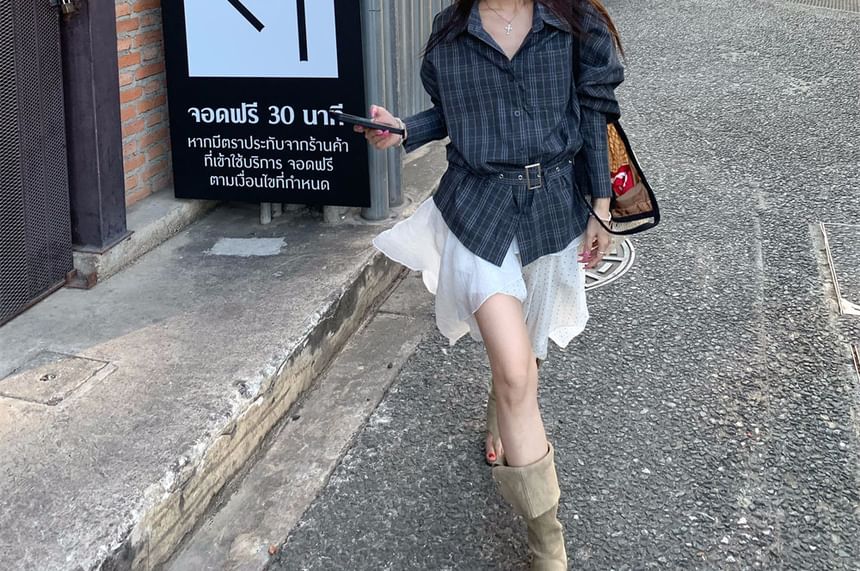 Plaid Collared Shirt and Asymmetrical Dotted Skirt Set