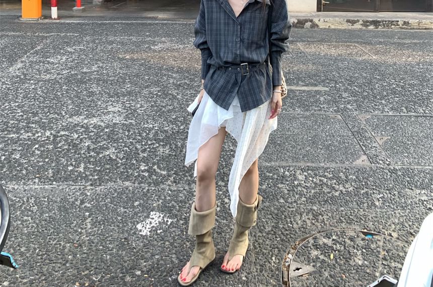 Plaid Collared Shirt and Asymmetrical Dotted Skirt Set