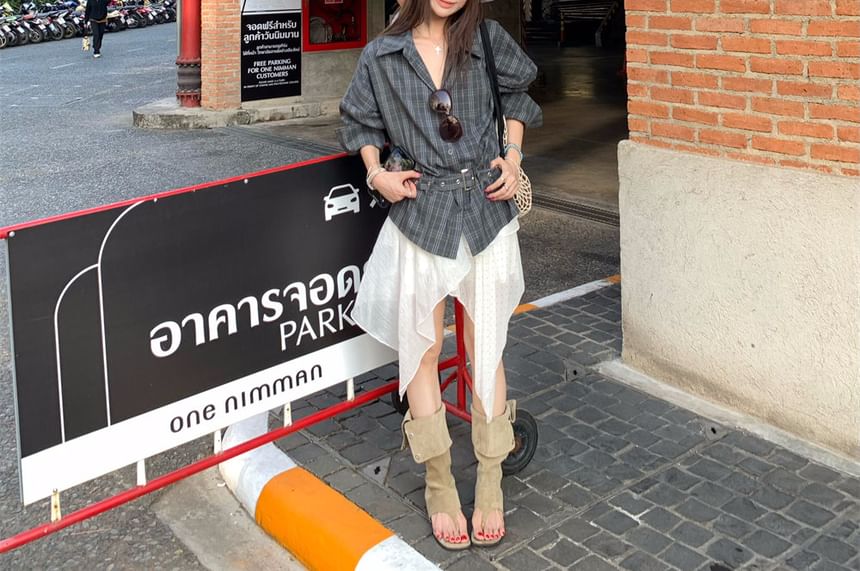 Plaid Collared Shirt and Asymmetrical Dotted Skirt Set