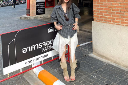 Plaid Collared Shirt and Asymmetrical Dotted Skirt Set