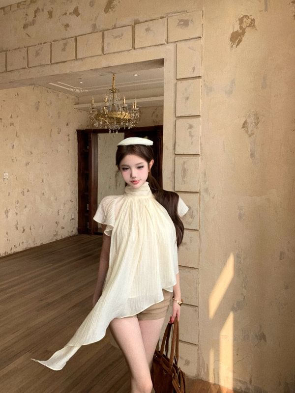Asymmetric Top with Flutter Sleeves and Stand Collar
