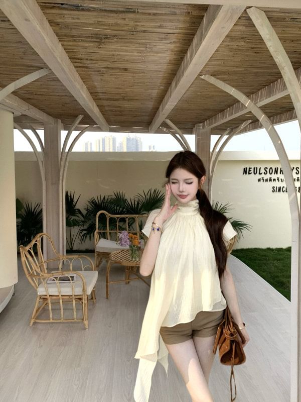 Asymmetric Top with Flutter Sleeves and Stand Collar