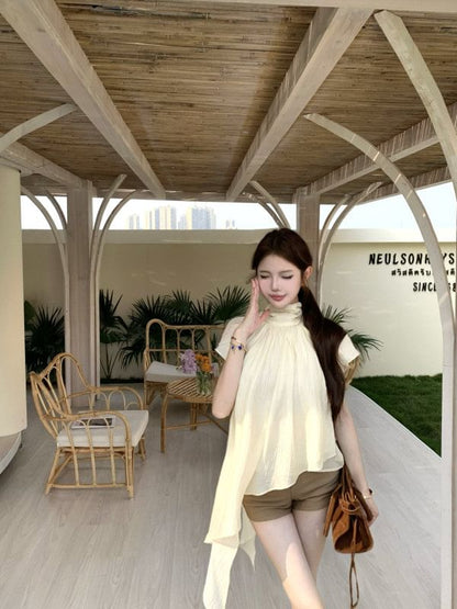 Asymmetric Top with Flutter Sleeves and Stand Collar